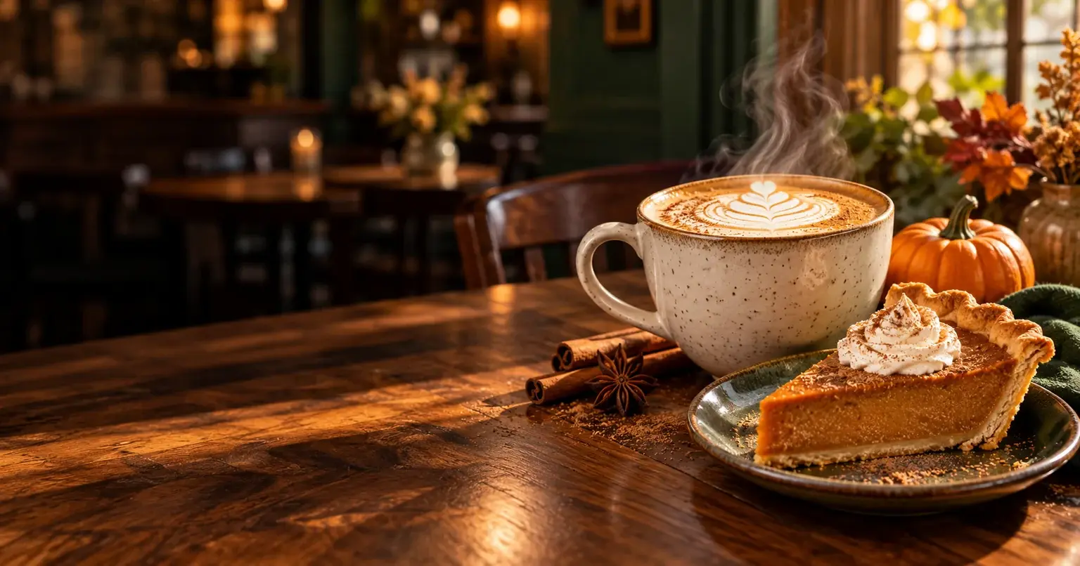 A steaming pumpkin spice latte and a slice of pumpkin pie with cinnamon on a walnut cafe table.