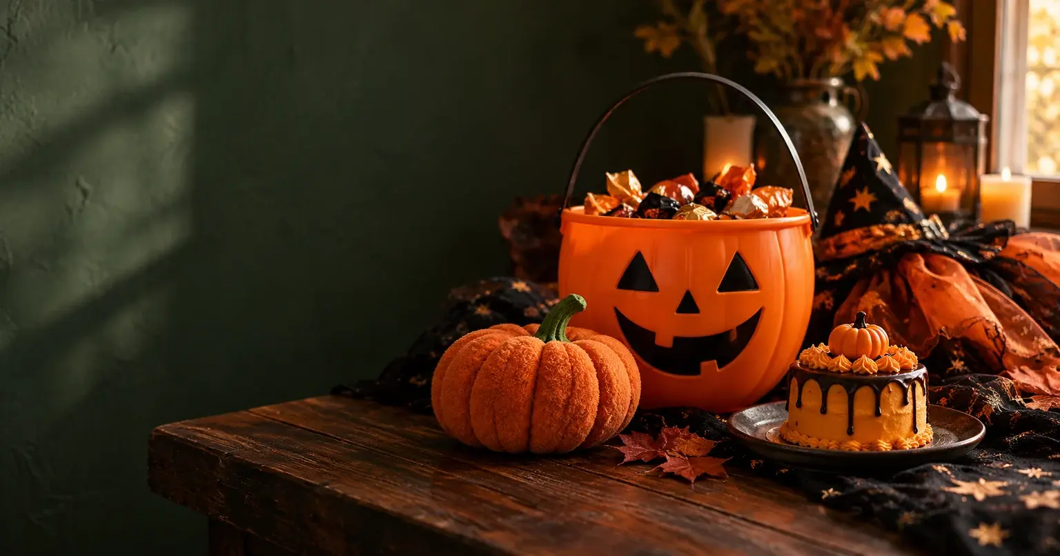 An orange trick-or-treat pail, pumpkin toy and costume fabric arranged on a dark autumn table.
