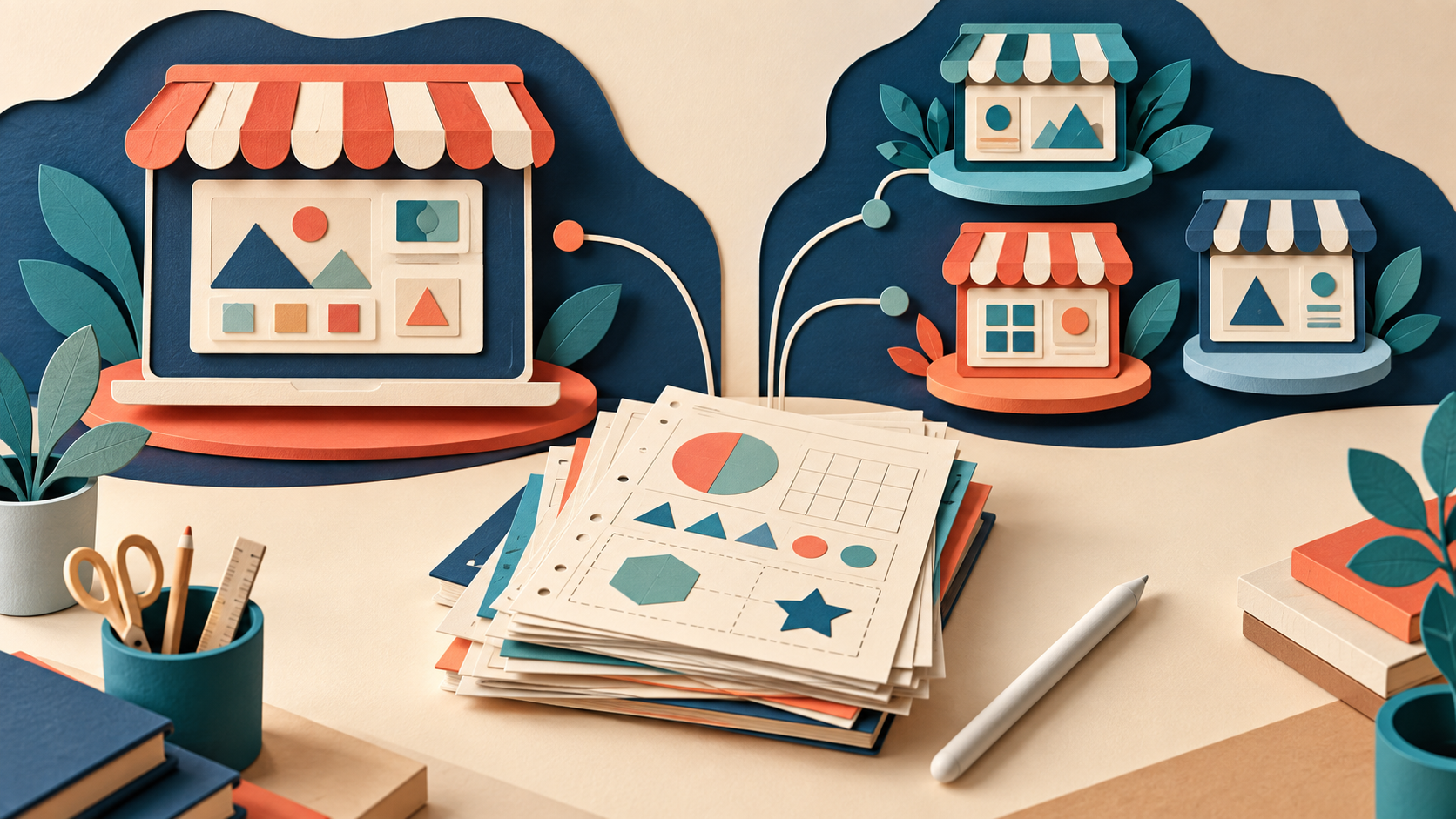 Paper-cut illustration of classroom resources with paths leading to one online storefront or several storefronts.