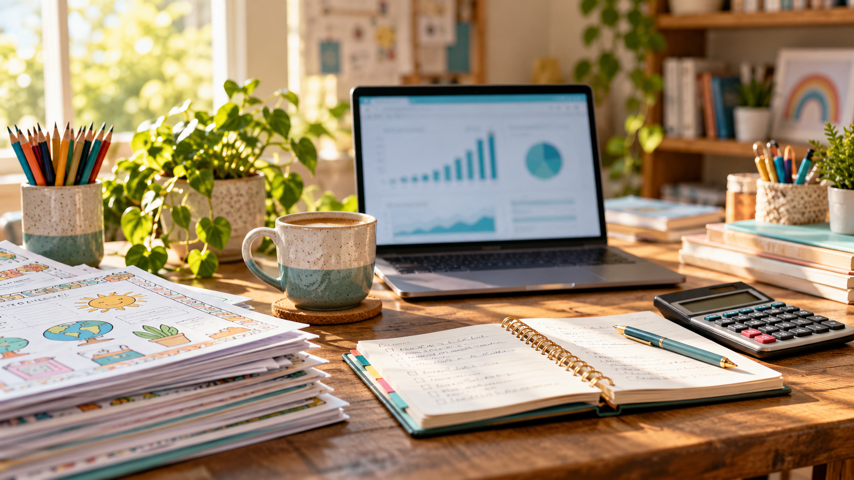 Teacher-author workspace with a calculator, budgeting notebook, laptop, and classroom worksheets.