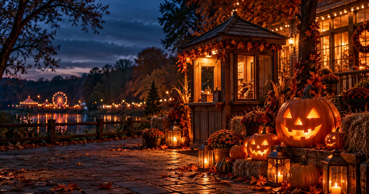 Glowing jack-o-lanterns beside a warmly lit autumn ticket kiosk at dusk.