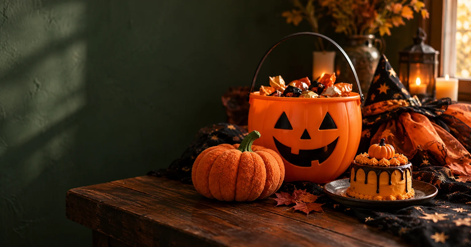 An orange trick-or-treat pail, pumpkin toy and costume fabric arranged on a dark autumn table.