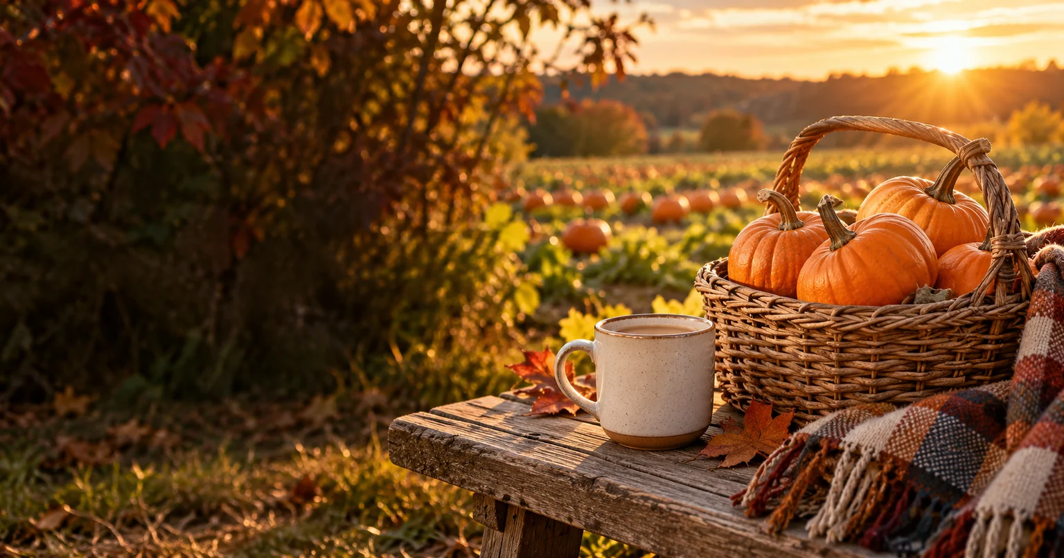A basket of orange pumpkins and a ceramic chai mug on a wooden bench beside a sunlit pumpkin field.