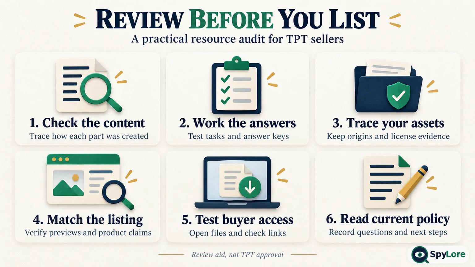 Six-part SpyLore resource review covering content, answers, asset origins, listing accuracy, file access, and policy checks.